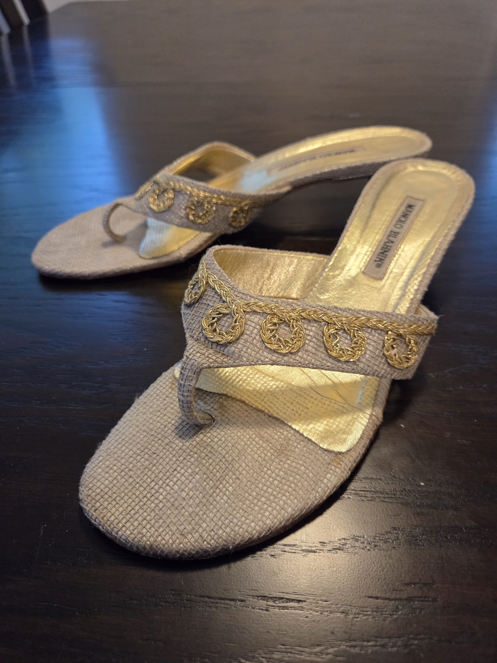 Manolo Blahnik Beige Mules with Gold Braided Trim